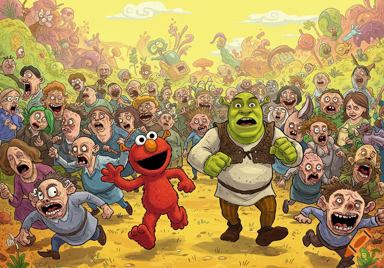 Elmo and Shrek run from a crowd of bug-eyed, grotesque people in a surreal landscape.