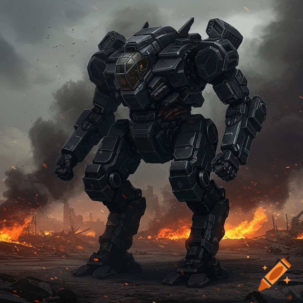 Large black combat mech stands in a ruined city landscape with fires and smoke.