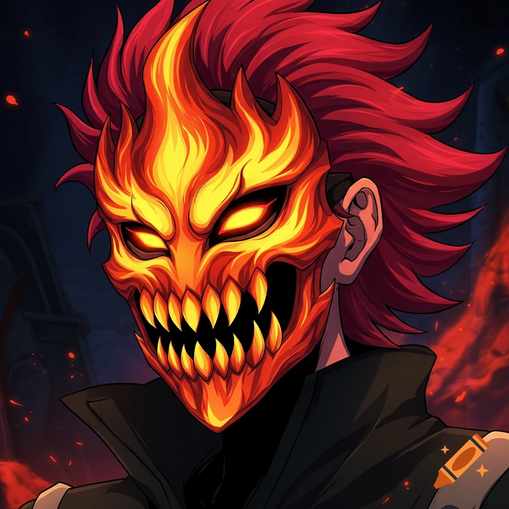 Anime character wearing a stylized flaming mask with sharp teeth and red hair.