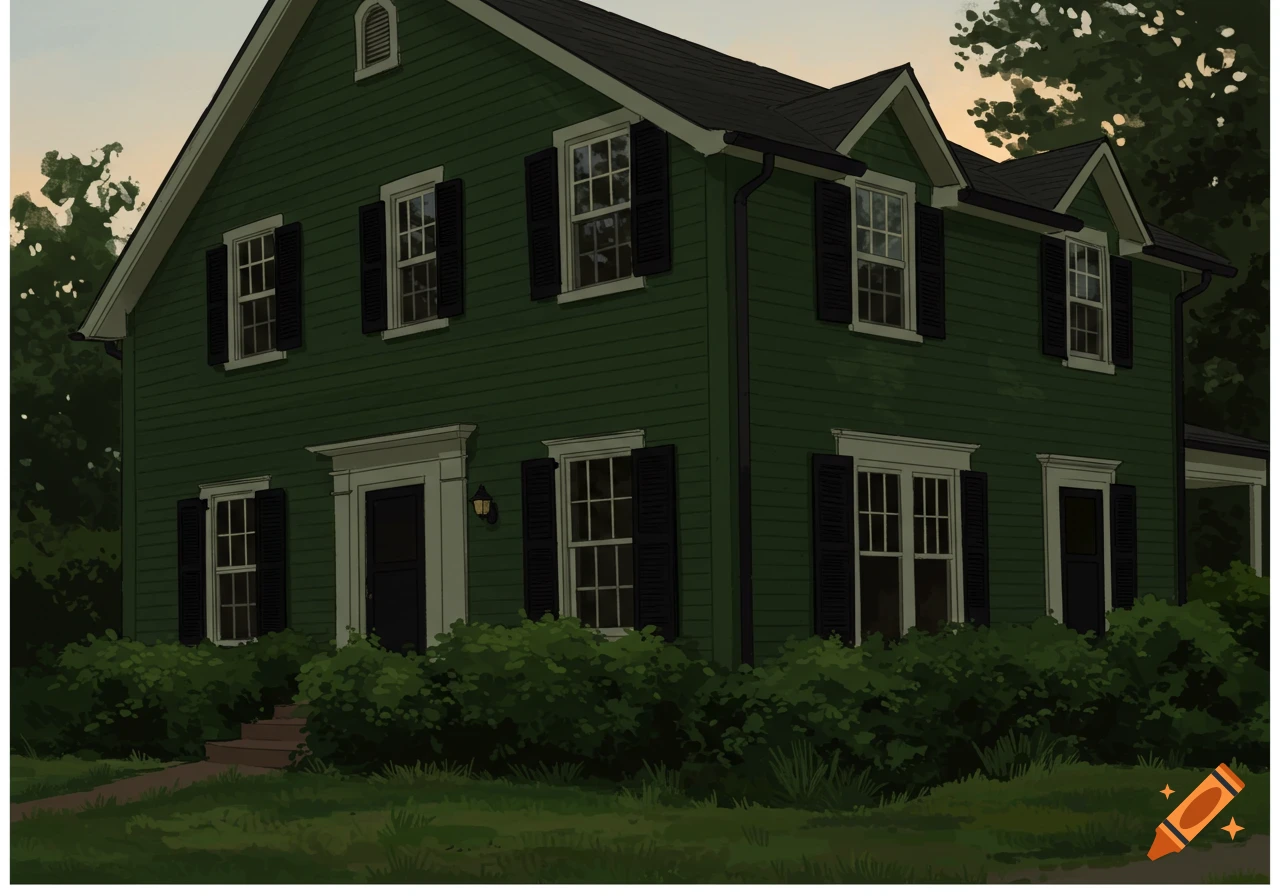 A stylized illustration of a dark green house with black shutters and gutters.