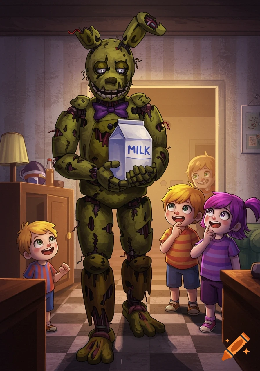 Cartoon illustration of FNAF's Springtrap holding milk for three children in a room.