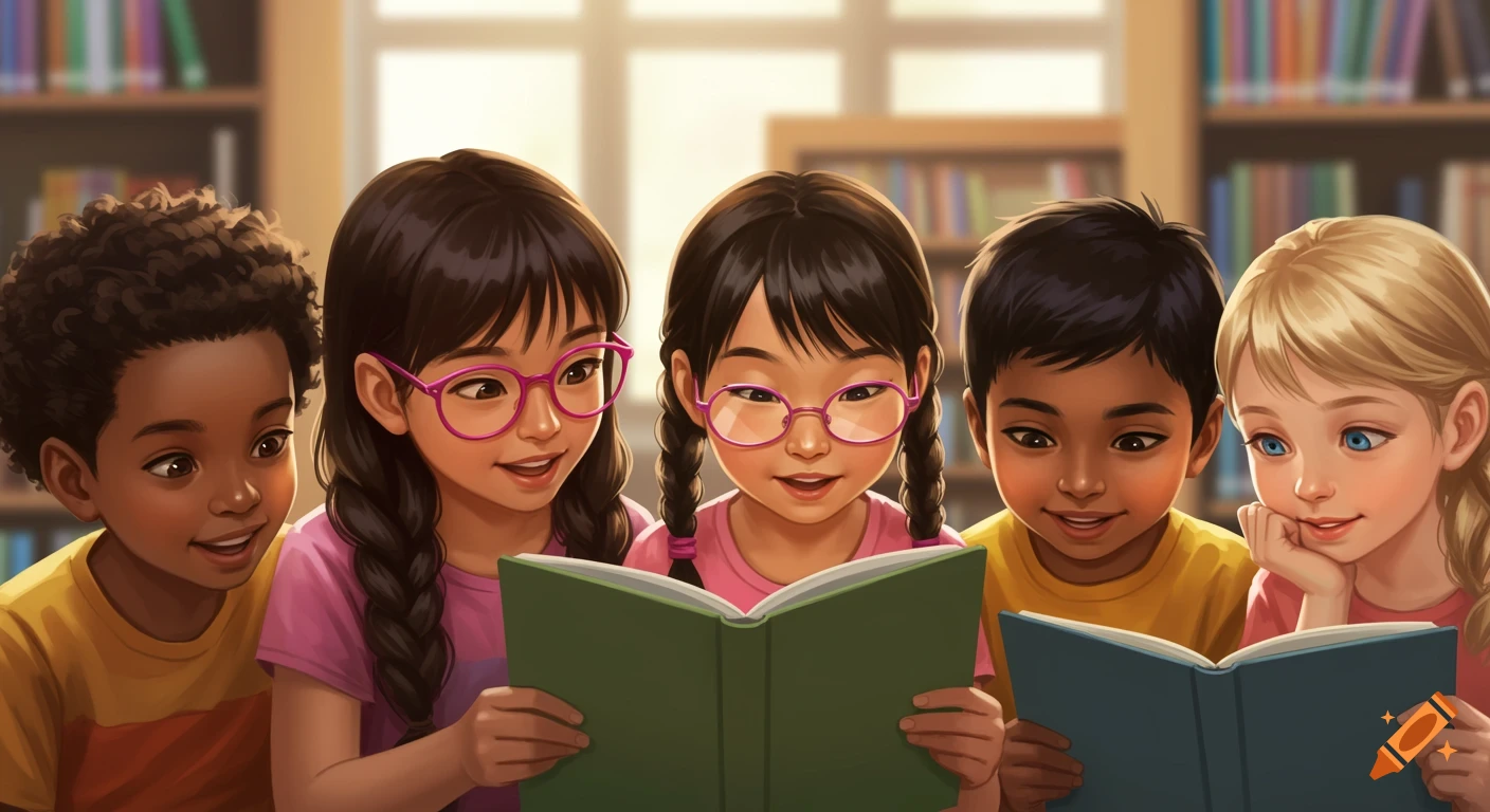 Five diverse children sitting together, smiling and reading books in a library.