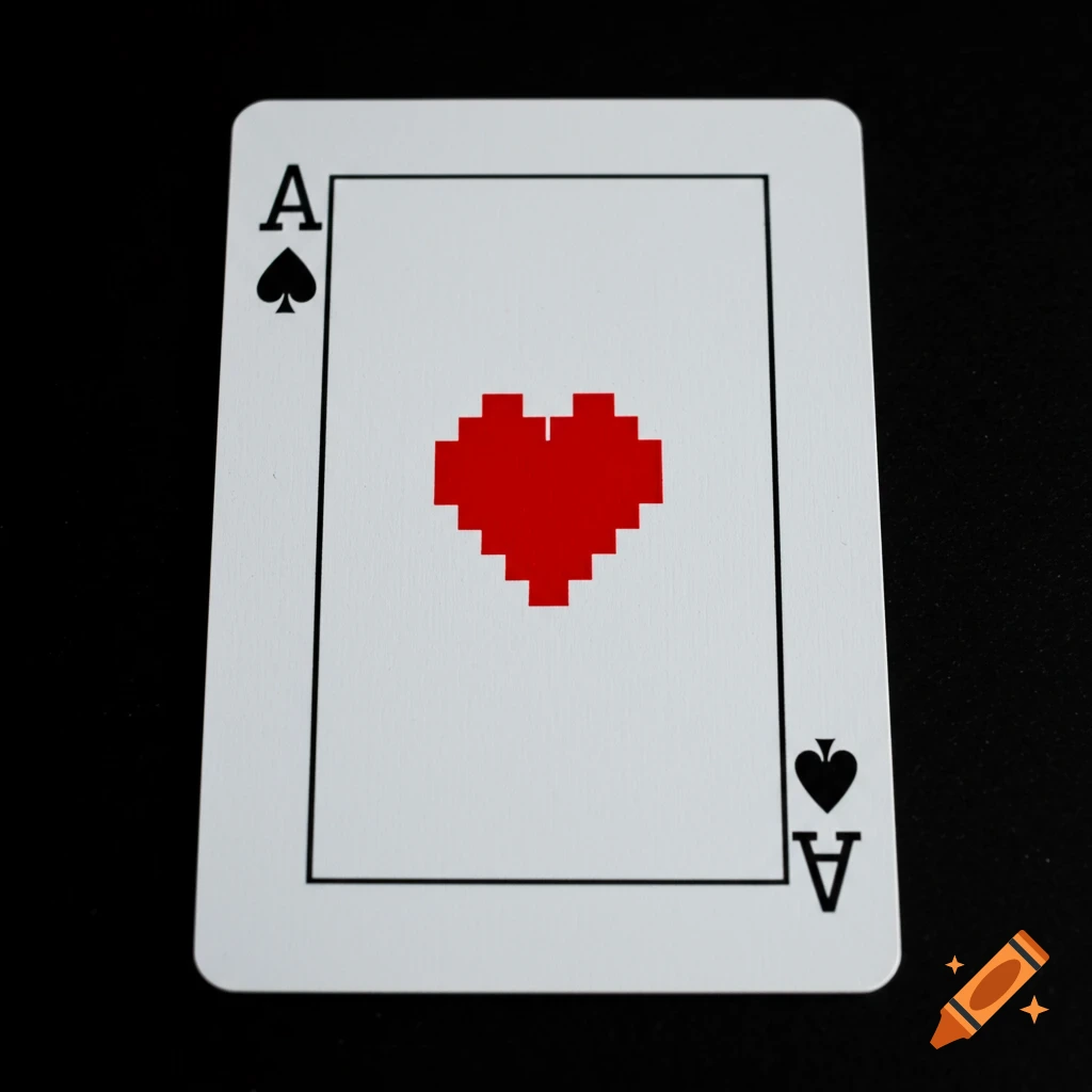 Close-up photo of an ace of spades playing card with a pixelated red heart in the center.