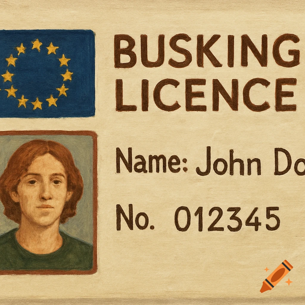 Illustration of a European busking licence card with a photo and text.