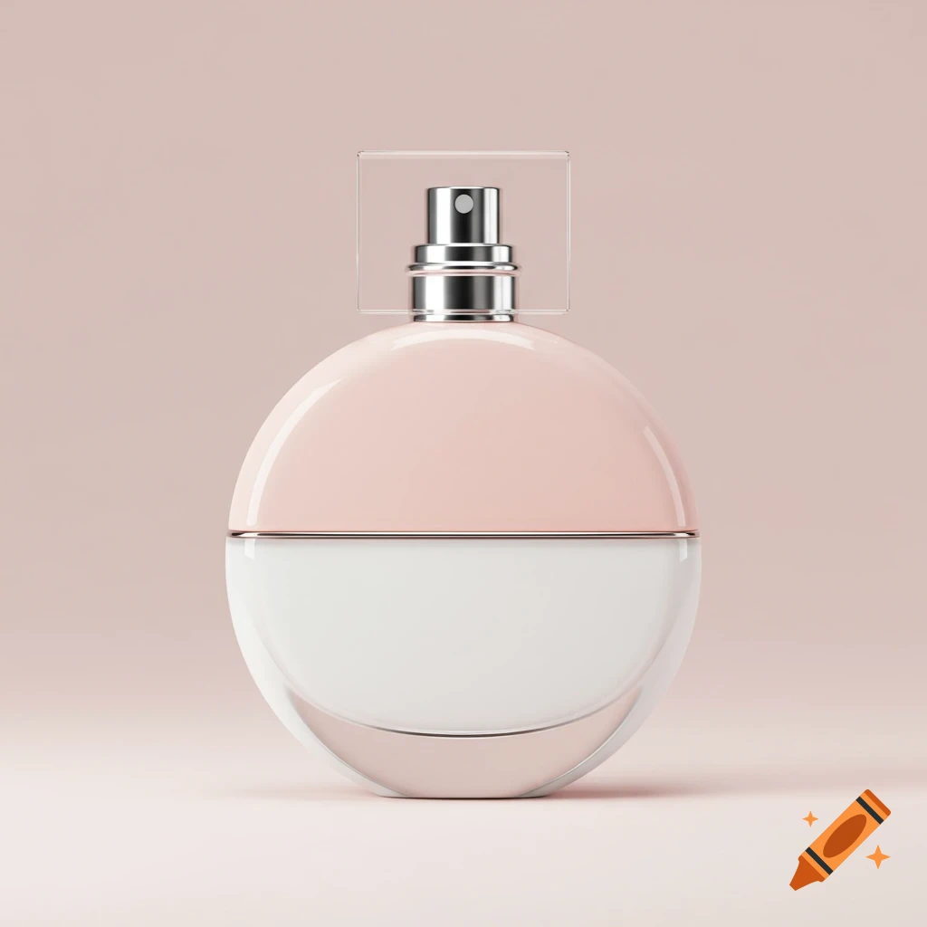 Photorealistic image of a circular perfume bottle, pastel pink on top, white on bottom, with clear cap.
