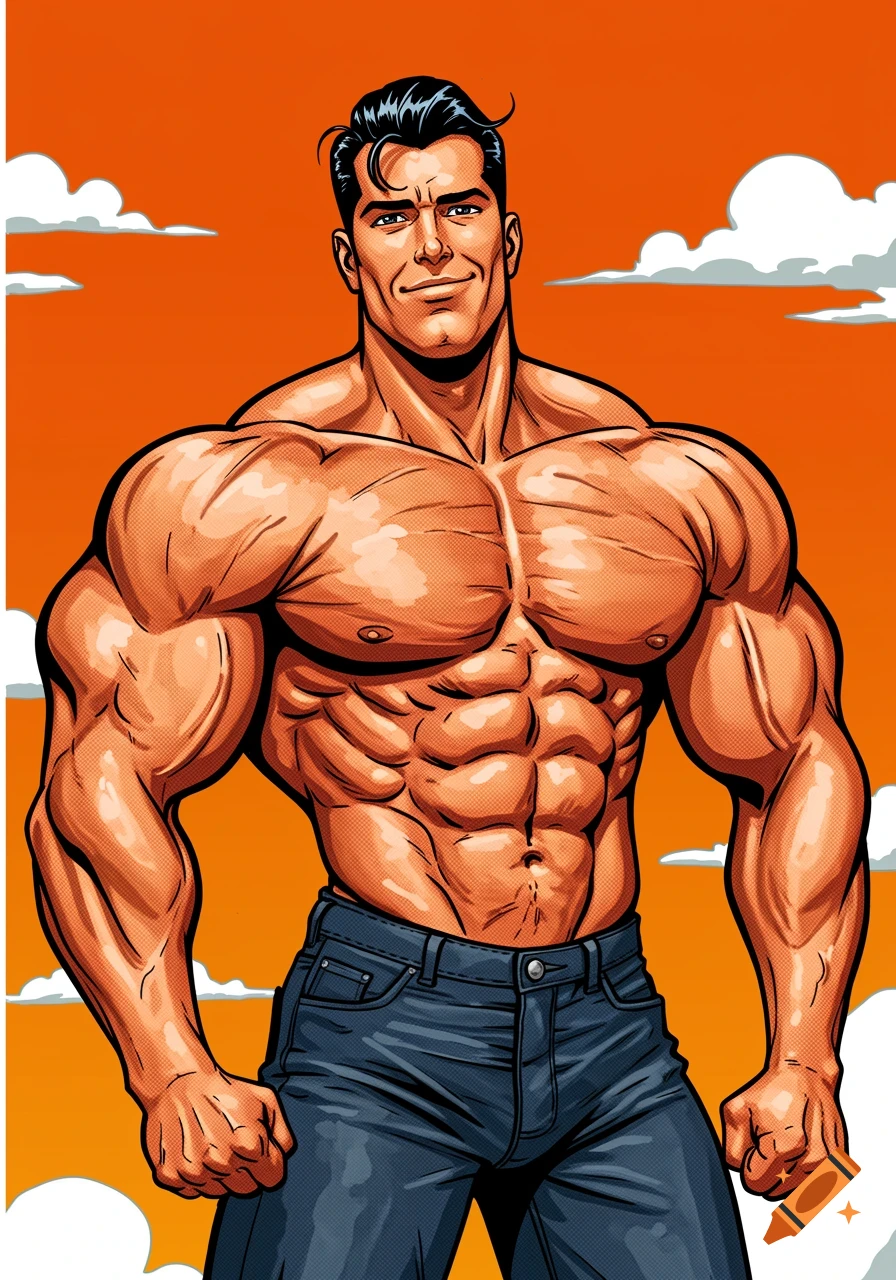 Comic book illustration of a muscular man wearing jeans standing against an orange sky.