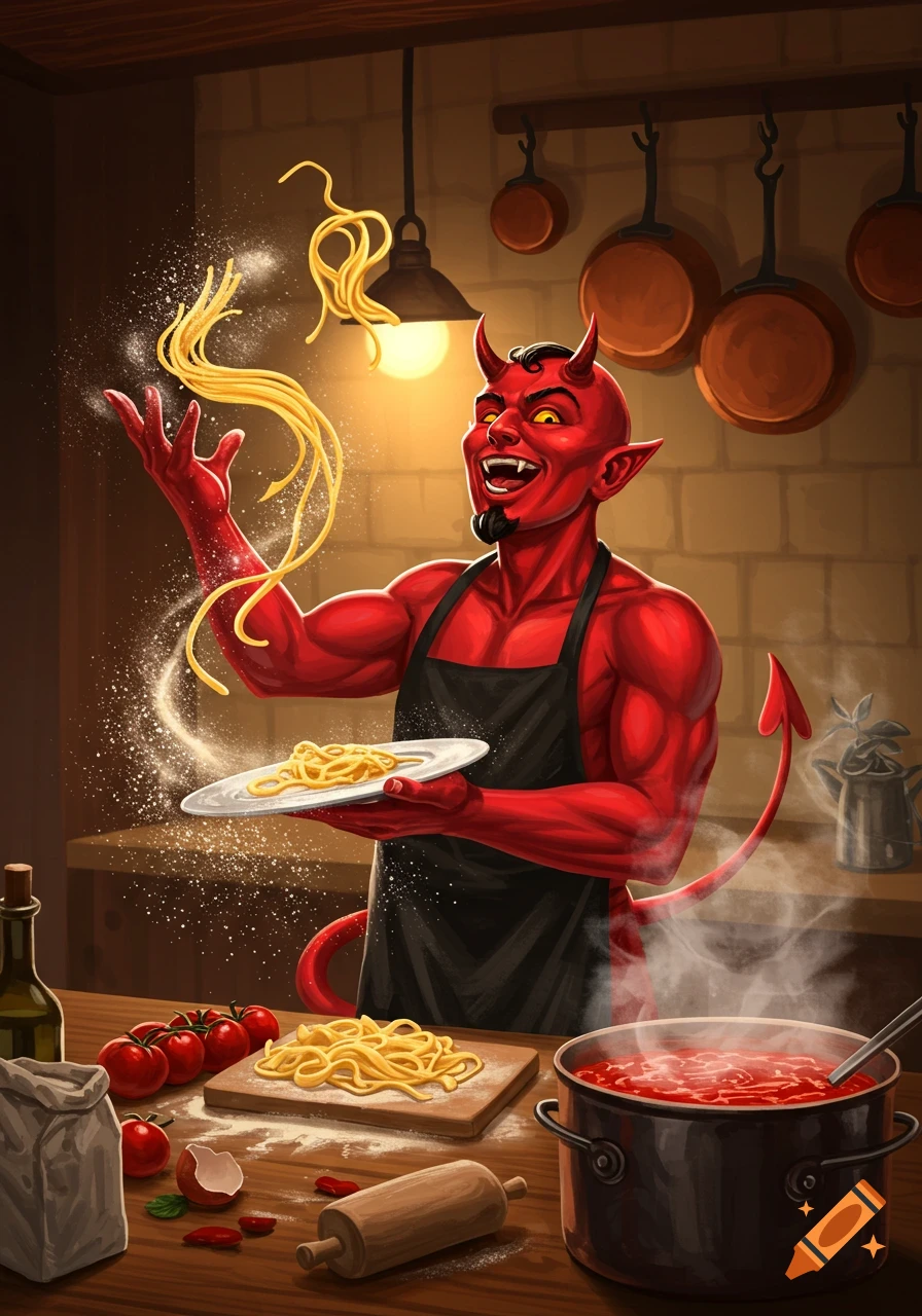 A red devil character wearing an apron cooks pasta in a kitchen, tossing spaghetti in the air. Illustrated style.