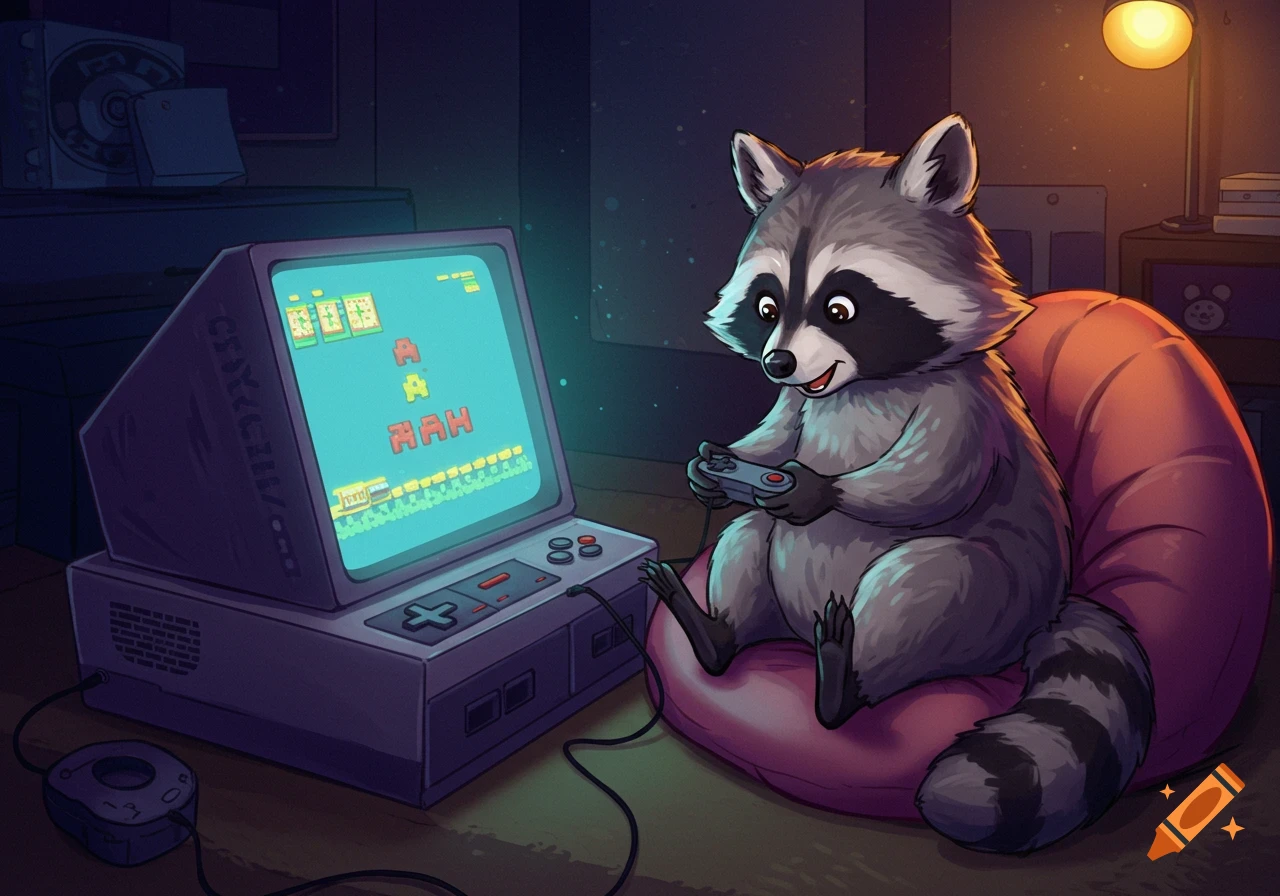 Cartoon raccoon sitting on a beanbag chair and playing a retro video game on a monitor.