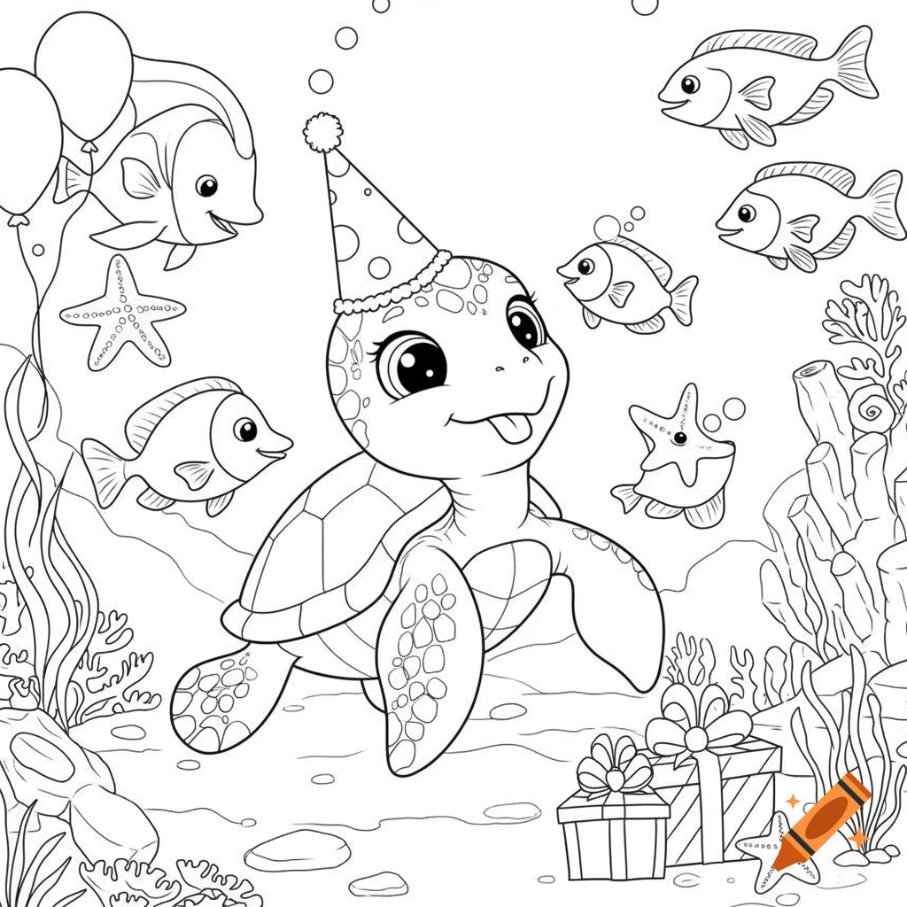 Line art of a cute cartoon sea turtle wearing a party hat, surrounded by fish, starfish, balloons, and gifts underwater.