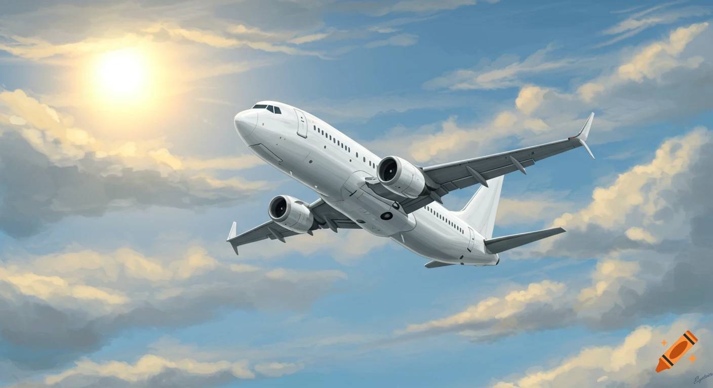 A white commercial airplane flies upwards through a bright, cloudy sky, rendered in a digital painting style.