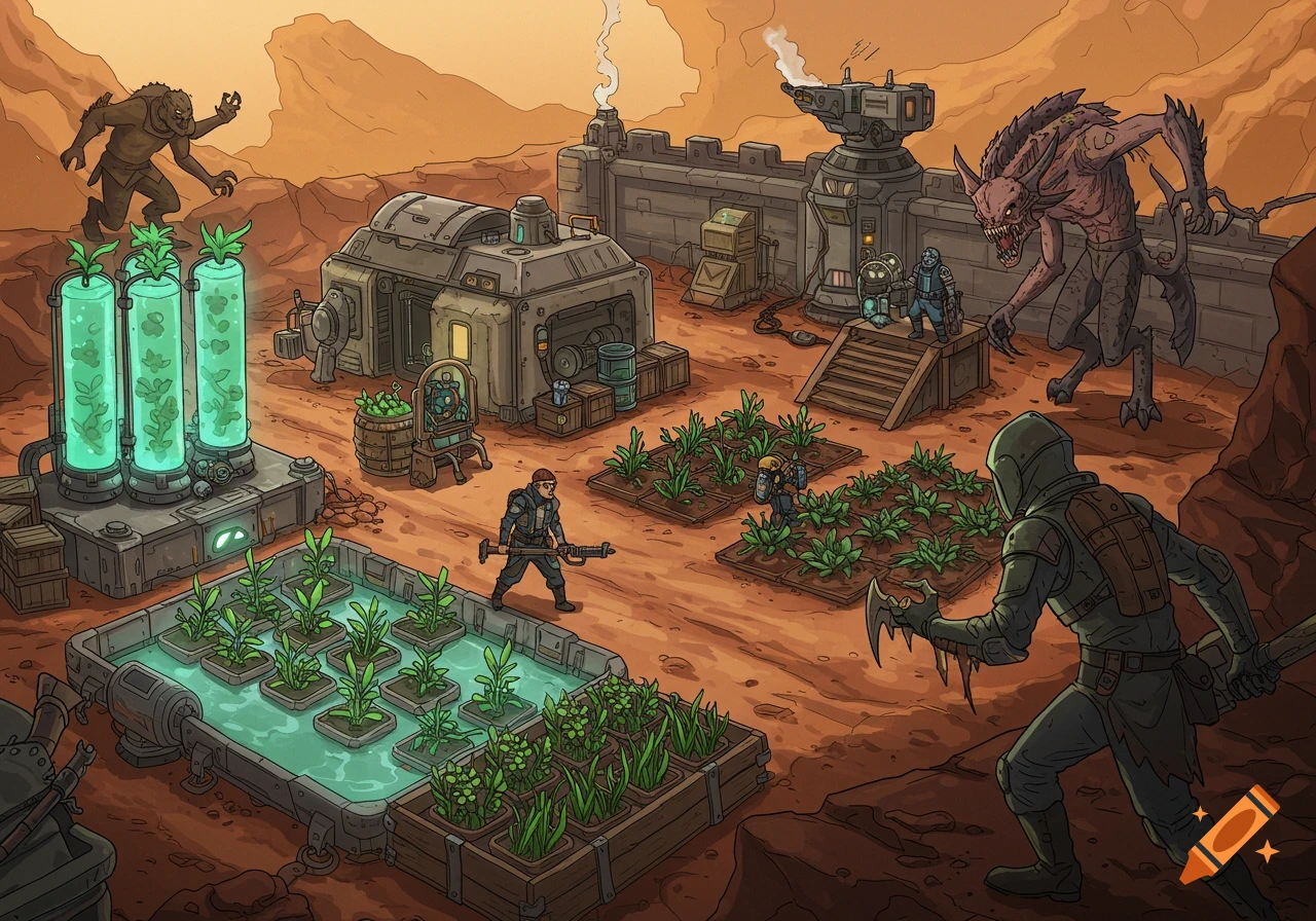 Illustrated sci-fi base on red planet with farming attacked by alien monsters and humans.