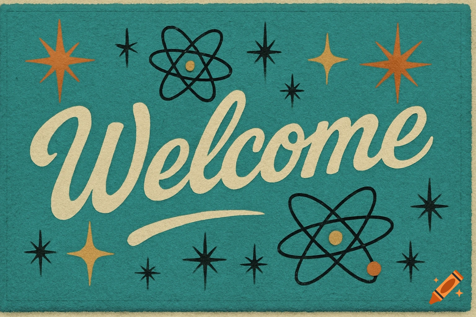 A turquoise doormat with the word "Welcome" in beige cursive, surrounded by orange stars and black atomic symbols.