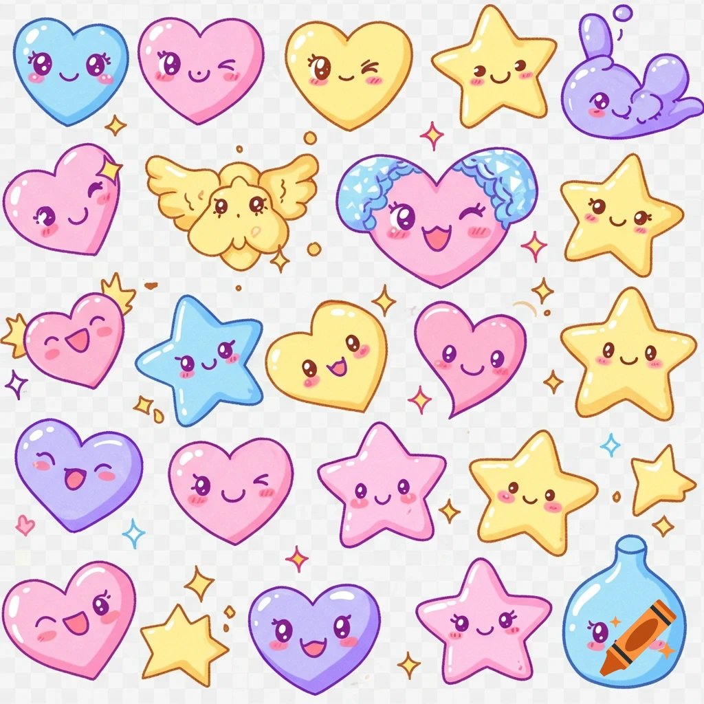 A collection of cute cartoon hearts, stars, and other shapes in pastel colors with smiling faces on a transparent background.