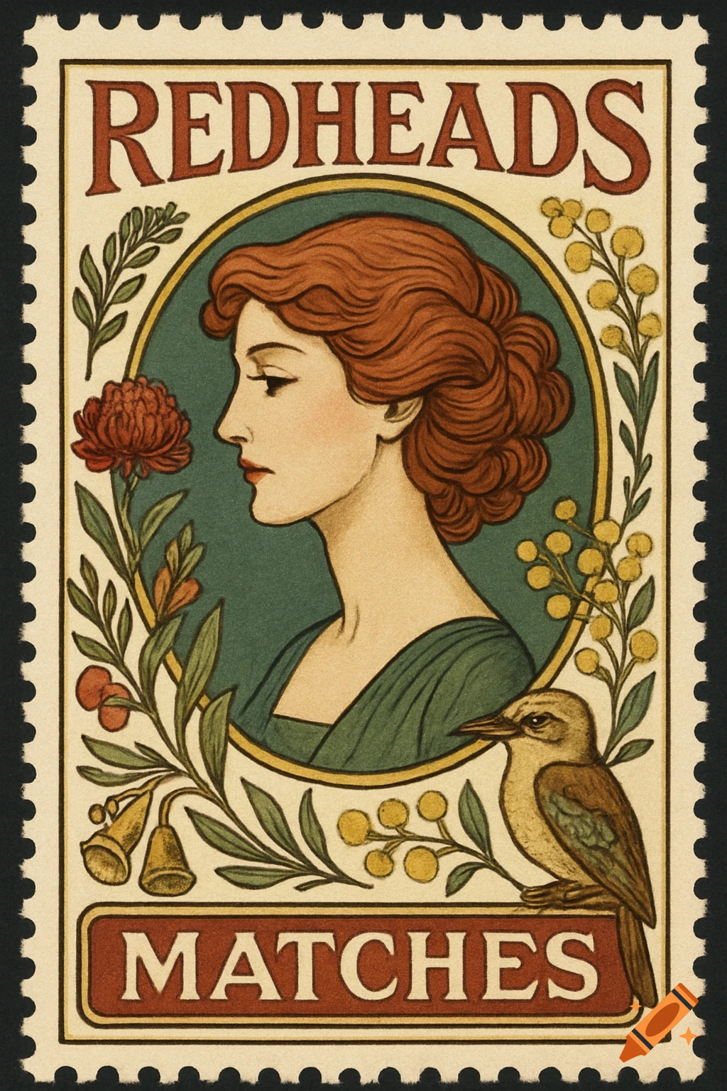 Art Nouveau illustration on a stamp of a woman's profile, flowers, bird, and text 'REDHEADS MATCHES'.