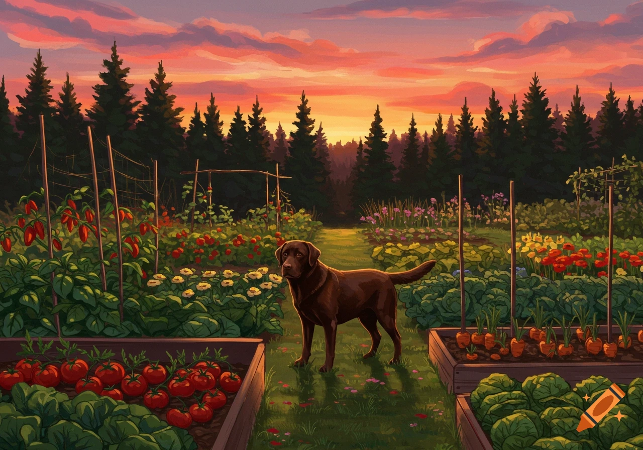 A chocolate labrador in a lush vegetable garden at sunset near woods, digital painting style.