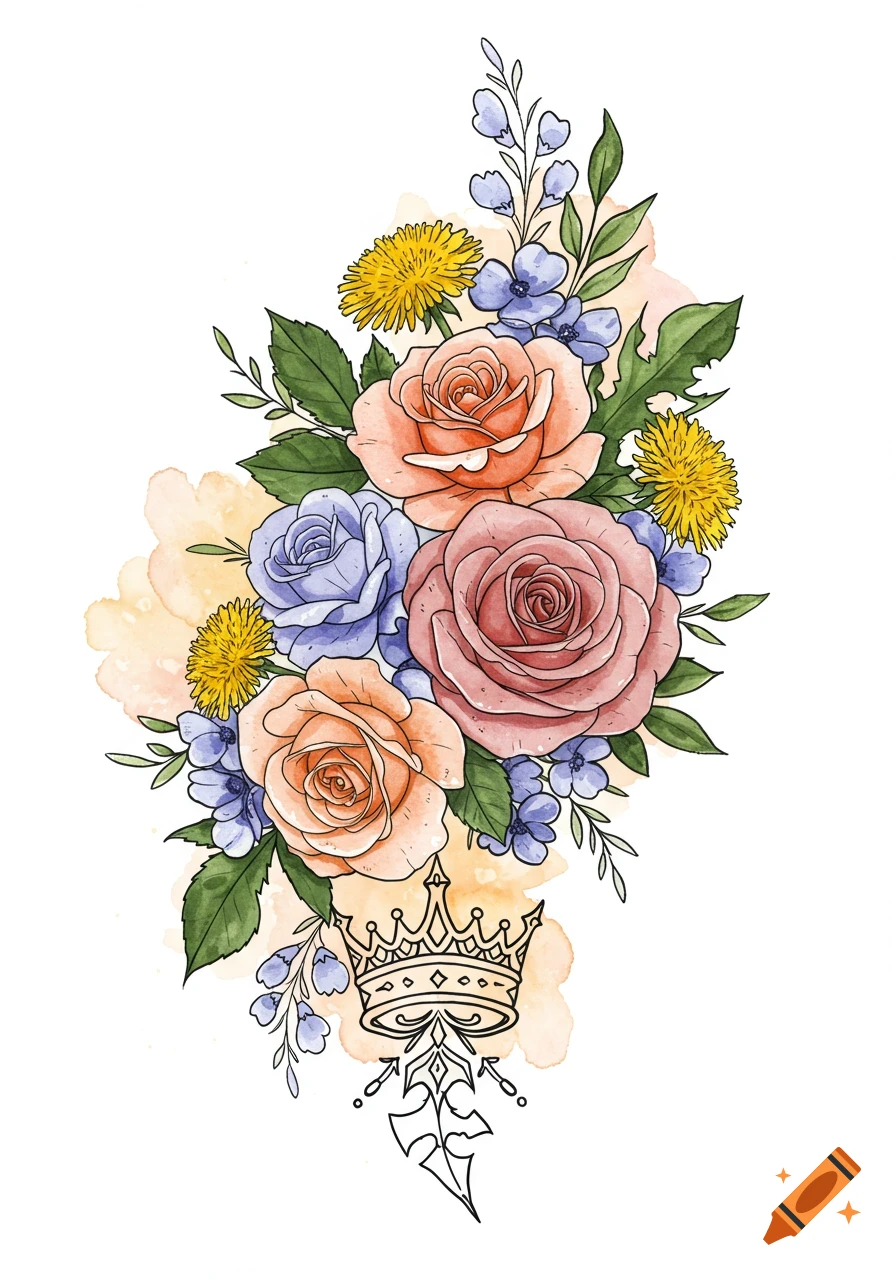Watercolor illustration of roses, dandelions, and flowers with a crown line art tattoo below.