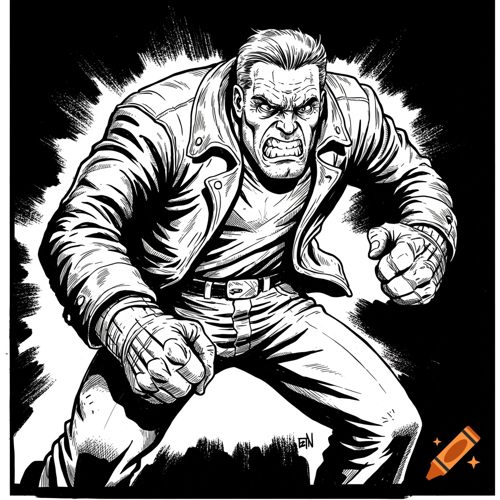 Black and white comic book illustration of an angry man clenching fists.
