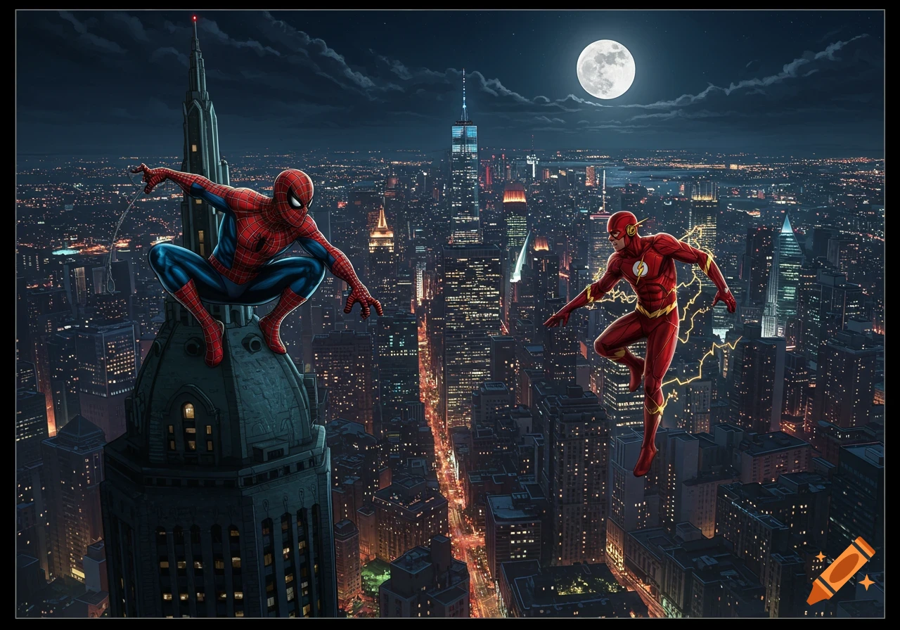Spider-Man on a skyscraper and Flash flying over a city at night in comic book art style.