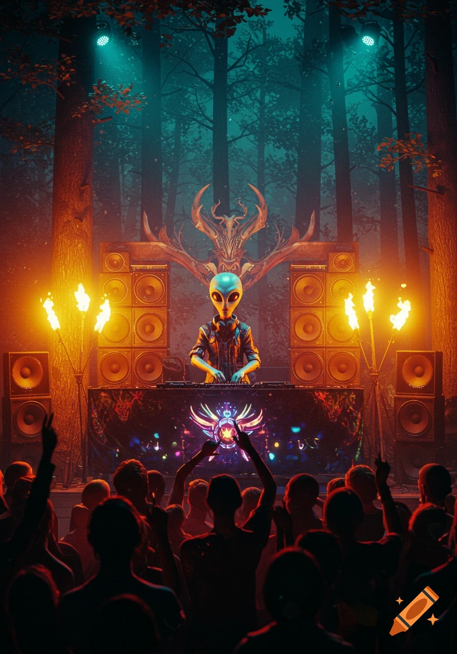 An alien DJ plays music on a stage in a dark forest clearing, lit by stage lights and fire, to a silhouetted crowd.