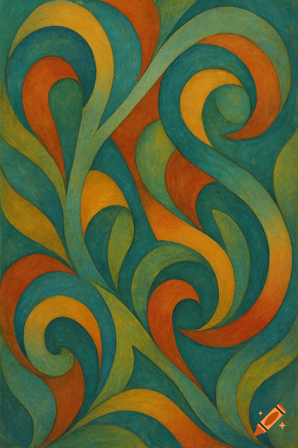 Abstract pattern of swirling orange, yellow, and teal shapes with a colored pencil texture.