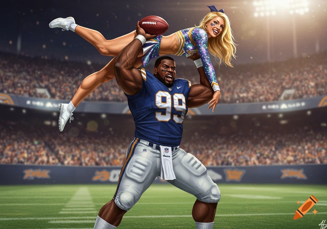 Muscular football player lifts a cheerleader holding a football in a stadium.