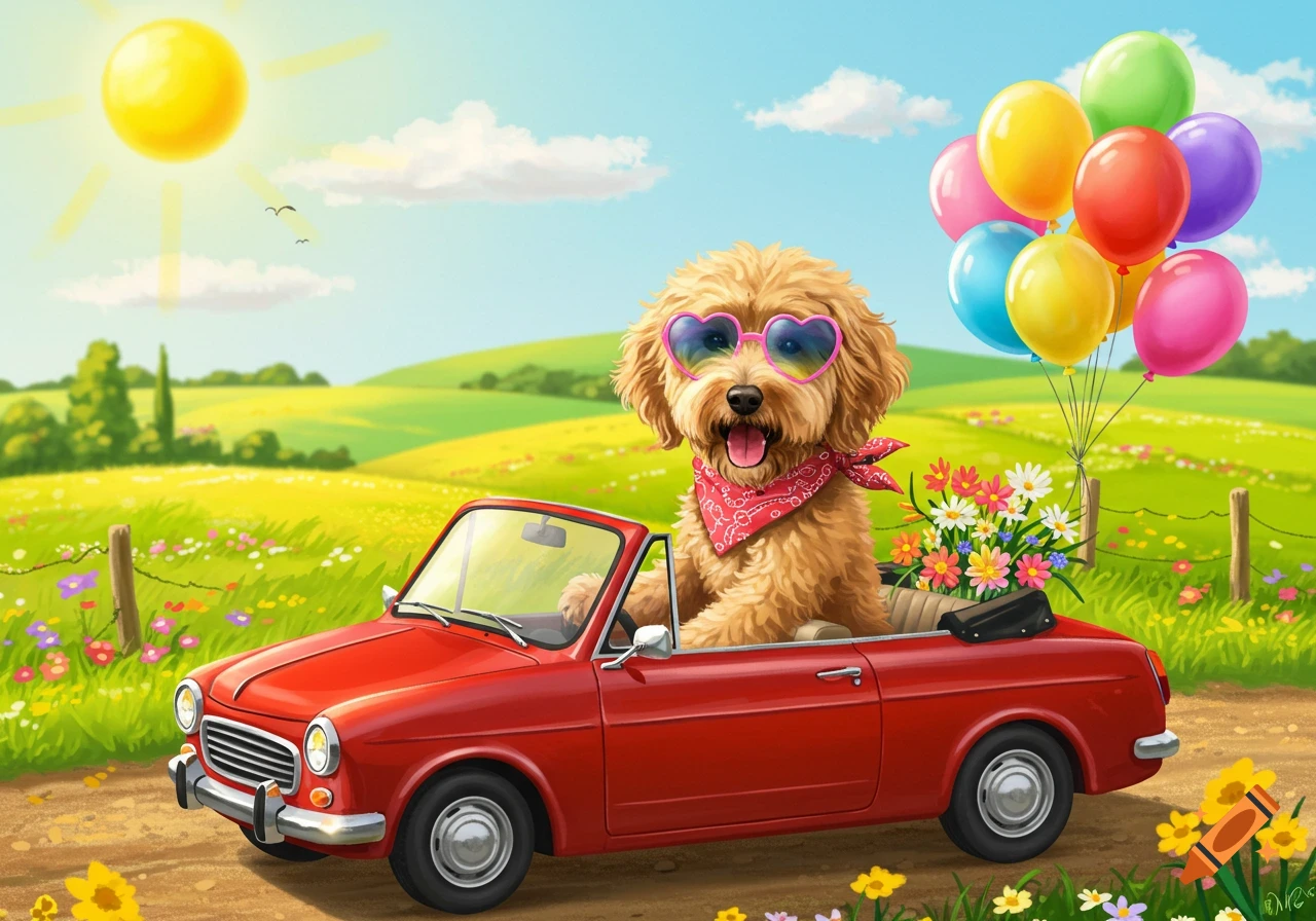A fluffy golden doodle dog wearing heart-shaped sunglasses drives a red convertible through a sunny, flowery field.