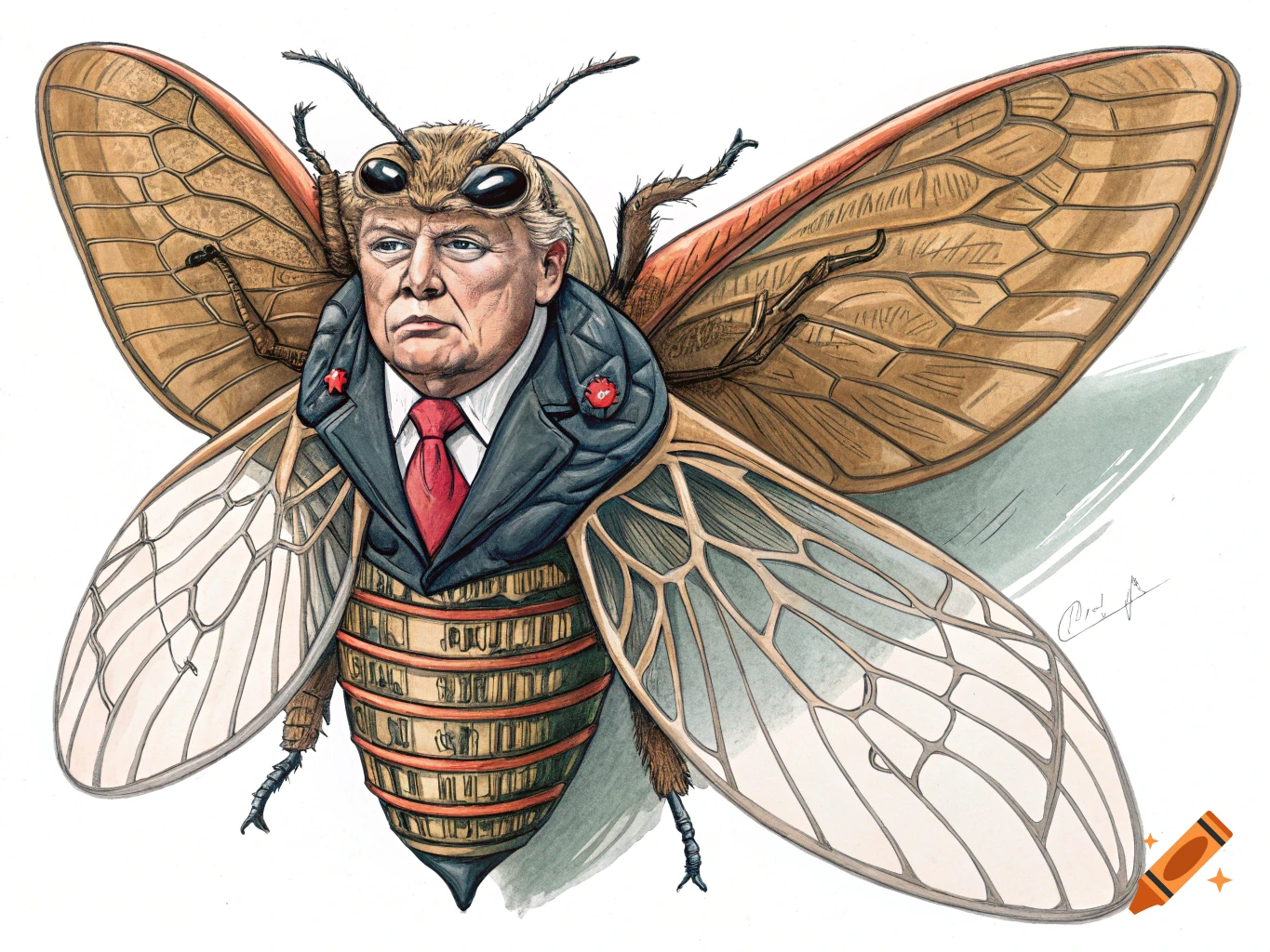 A drawing of a cicada with Donald Trump's face and upper body wearing a suit.