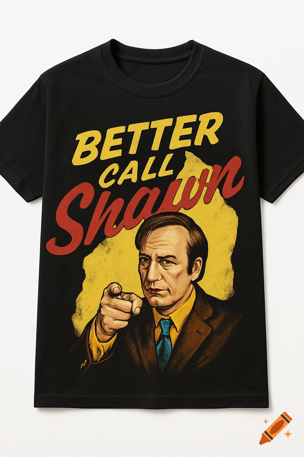 Black t-shirt with stylized 'Better Call Shawn' graphic featuring a man pointing.