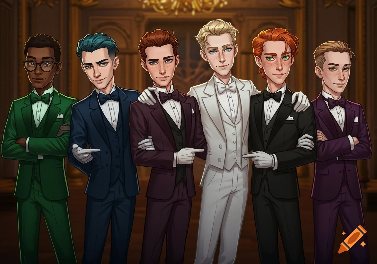 Six cartoon men in colorful tuxedos stand in a fancy ballroom illustration.