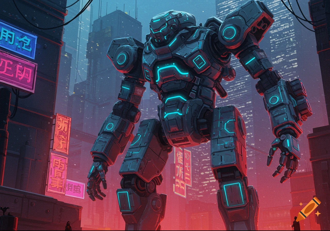 Large mecha robot stands in a futuristic cyberpunk city with neon signs.