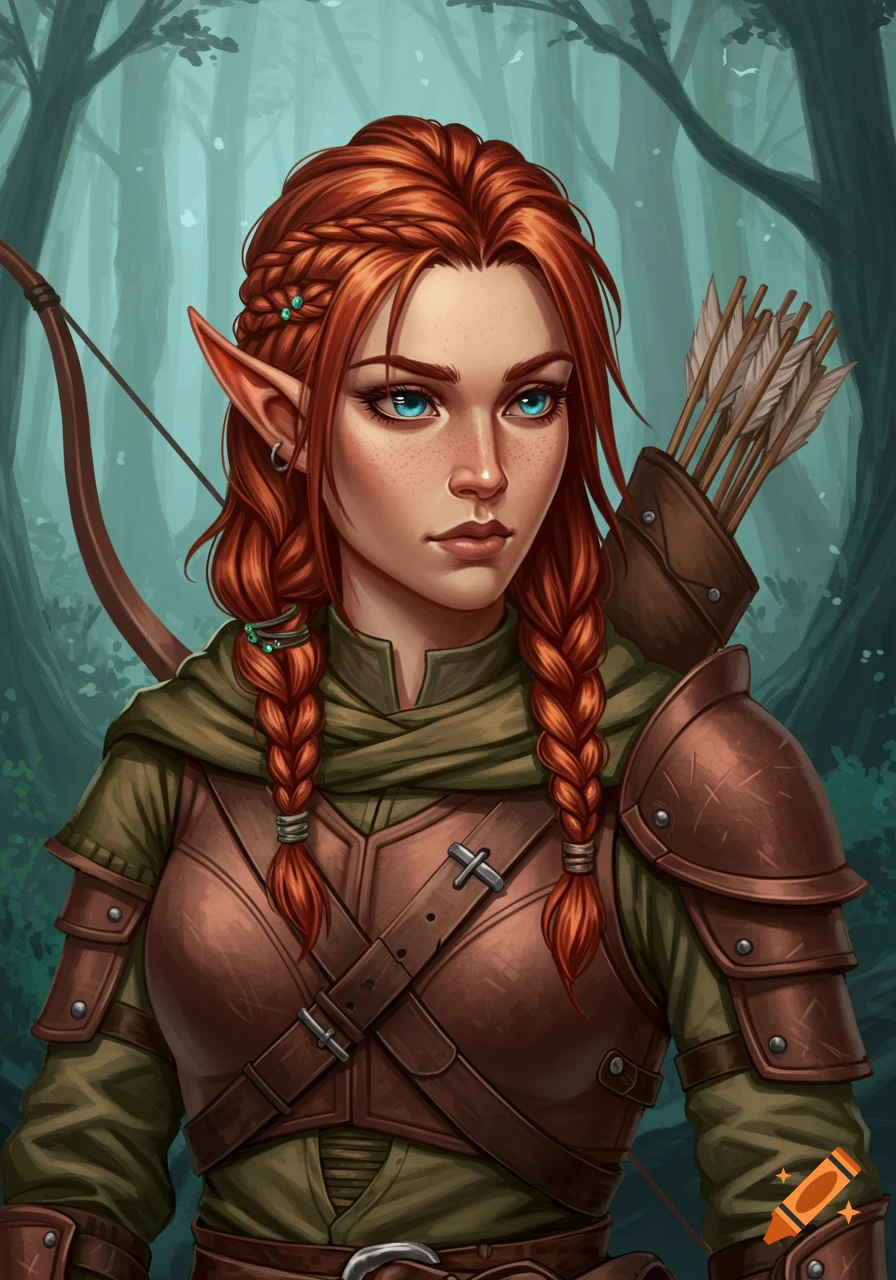 A fantasy portrait of a female elf archer with red braids, blue eyes, and leather armor in a forest.