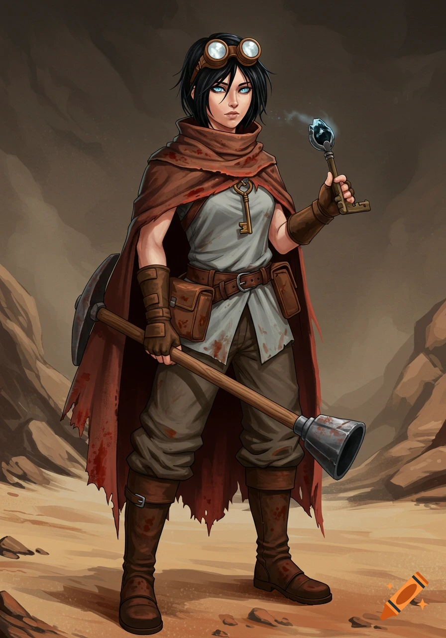 Illustration of a female adventurer with a pickaxe and key in a rocky desert setting.