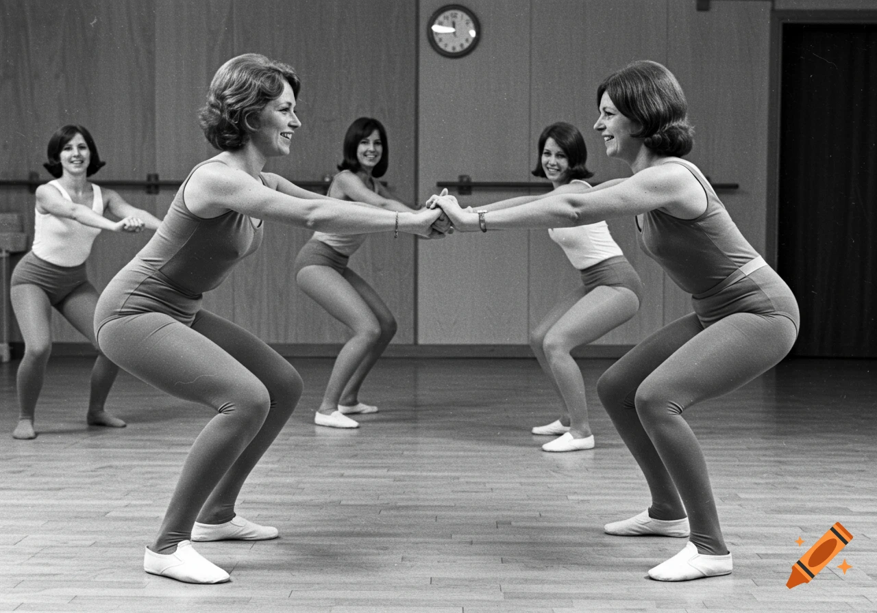 Black and white photo of women in leotards doing an exercise class in a gym.