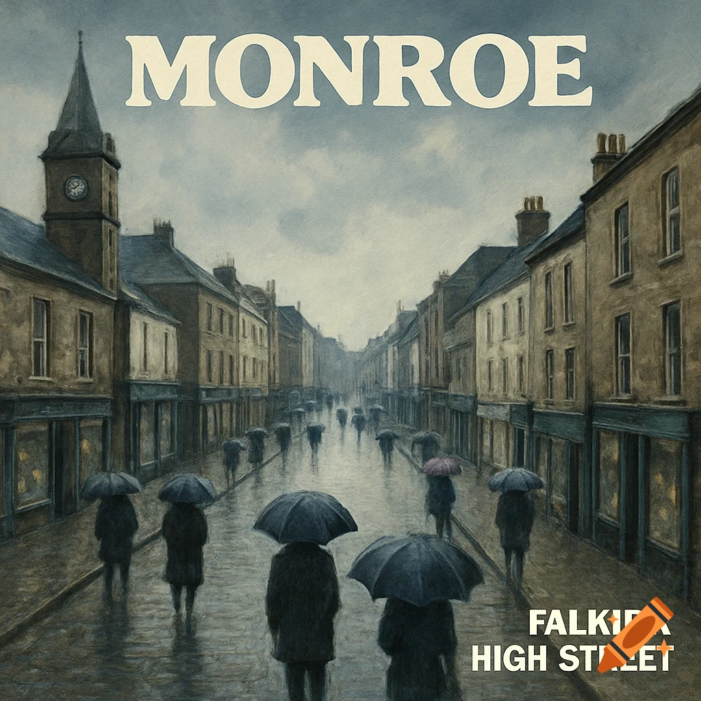 Rainy street scene with people under umbrellas and text "MONROE" and "FALKIRK HIGH STREET".