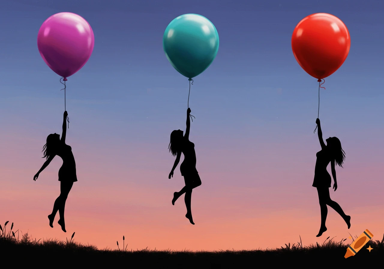 Three black silhouettes of women holding colorful balloons against a sunset sky.
