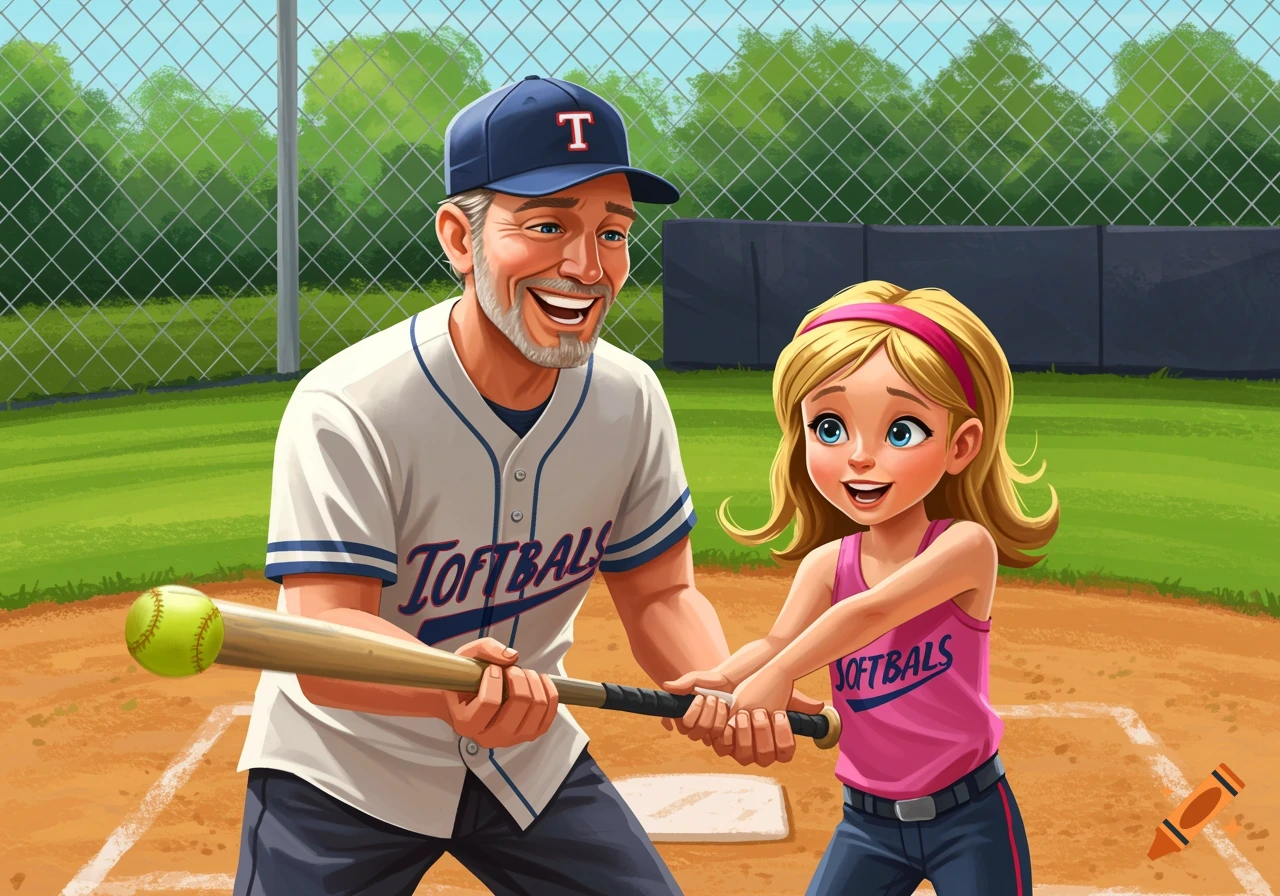 Illustration of a man teaching a girl how to swing a baseball bat on a softball field.