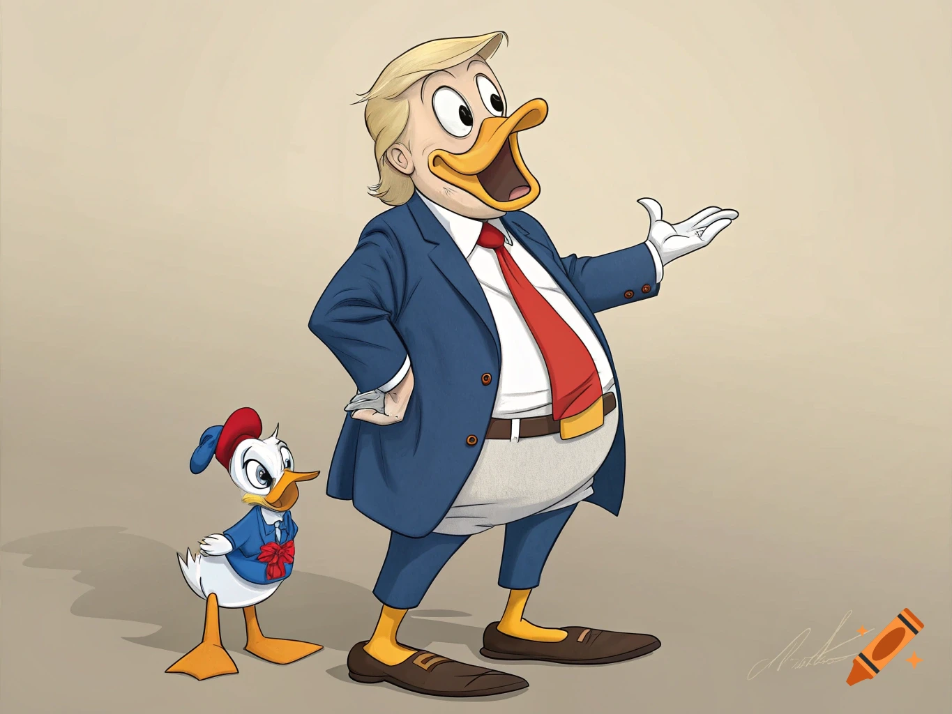 Cartoon parody of Donald Trump as Donald Duck with a smaller duck
