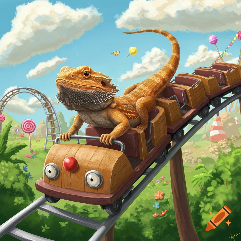 Cartoon bearded dragon rides a roller coaster in an amusement park.
