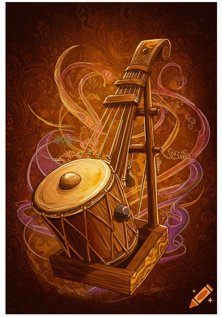 Illustration of a traditional stringed drum musical instrument on a patterned background