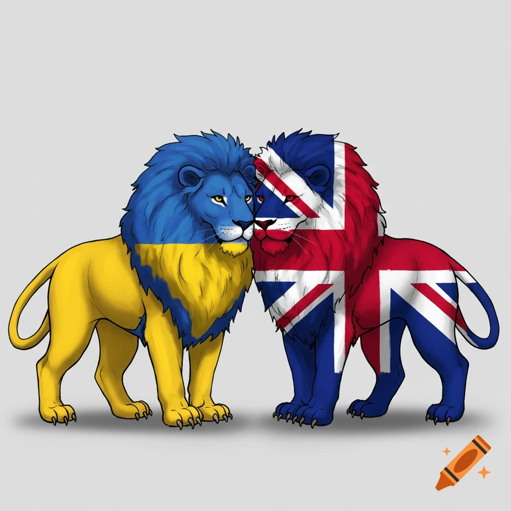 Illustration of two lions, one in Ukrainian flag colors and one in British flag colors, standing together.