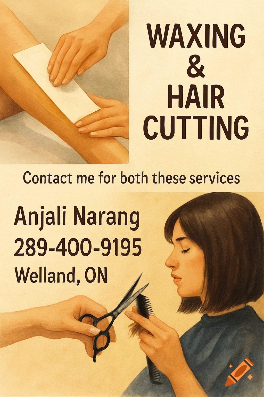 Illustrated flyer advertising waxing and hair cutting services