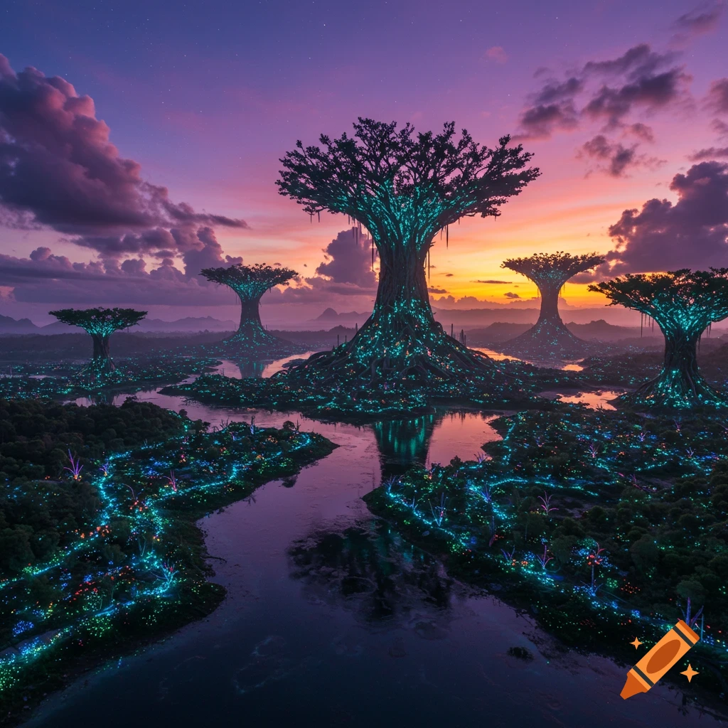 Fantasy landscape with large, glowing tree-like structures beside waterways under a colorful sunset sky