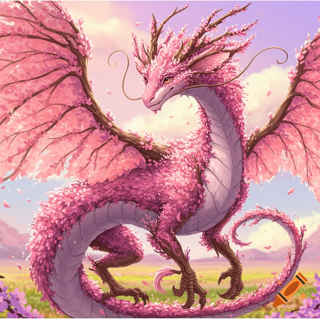 A pink dragon covered in cherry blossoms stands in a field.