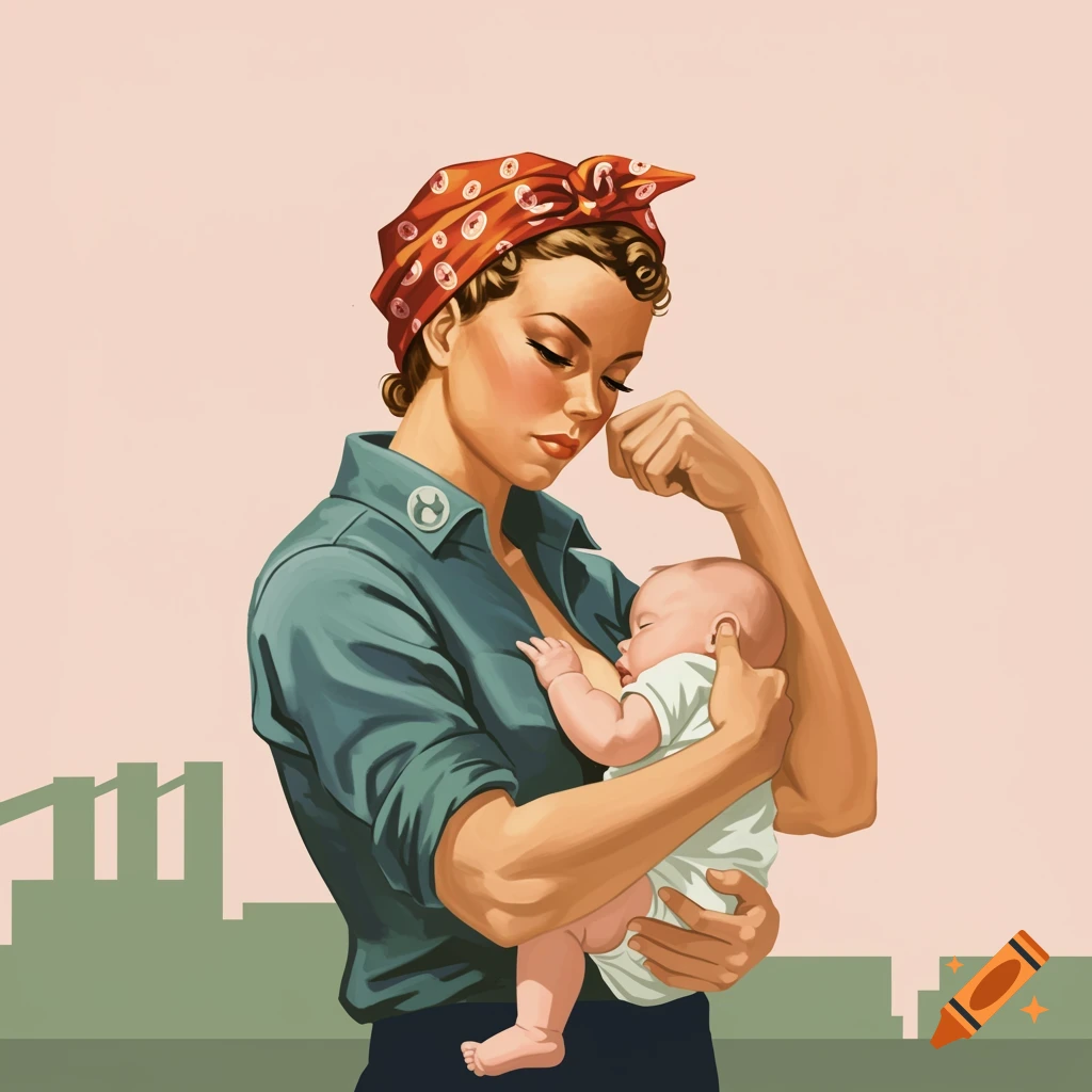 Illustration of woman breastfeeding baby while flexing arm, like Rosie the Riveter