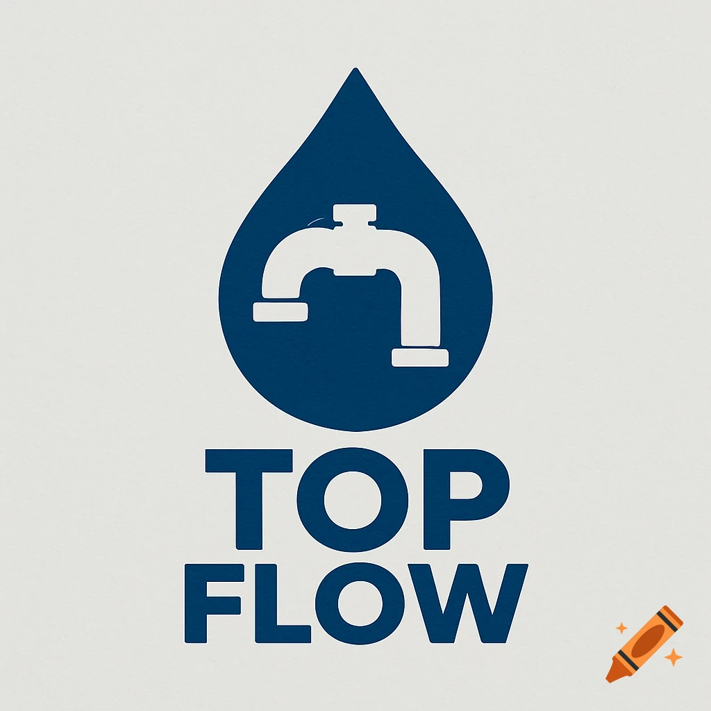 Logo featuring a blue water drop with a white faucet inside, above the words TOP FLOW.