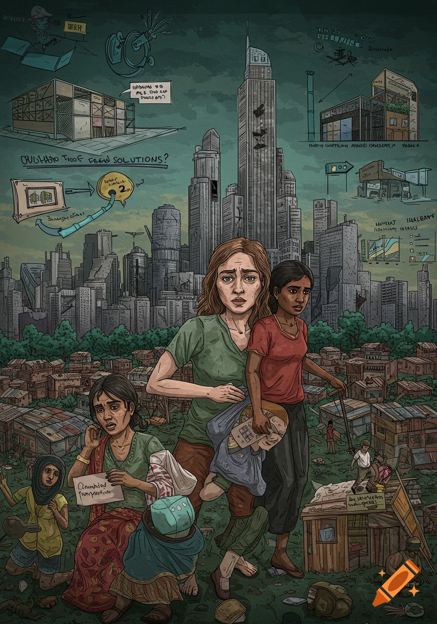 Illustration of people in a slum before a modern cityscape, with conceptual sketches.