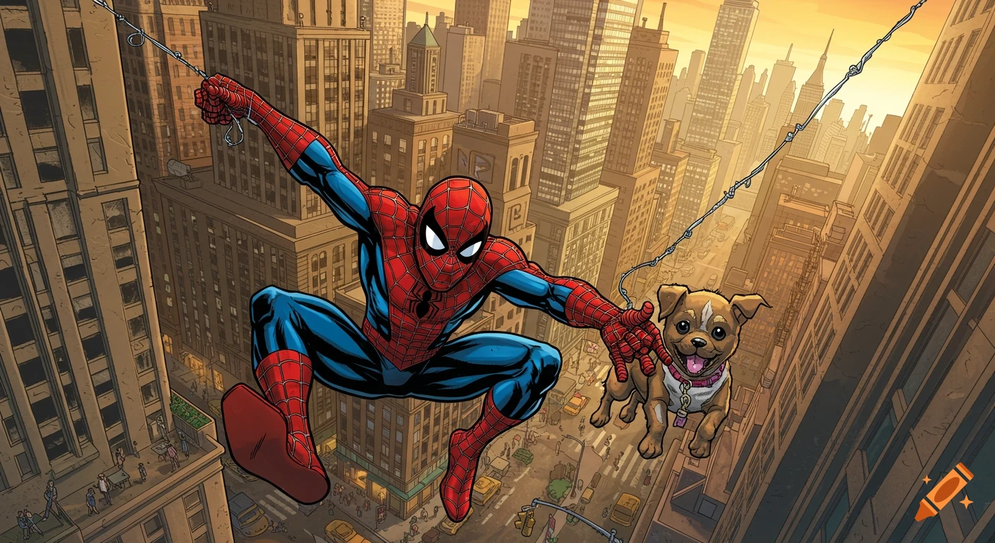 Comic book illustration of Spider-Man swinging through a city holding a dog on a web.