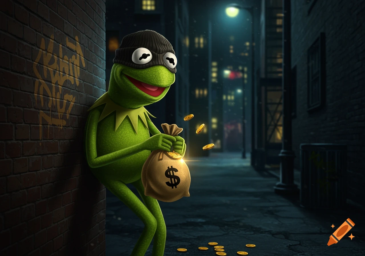 Kermit the Frog dressed as a robber in a dark alley, holding a bag of money with coins spilling out.
