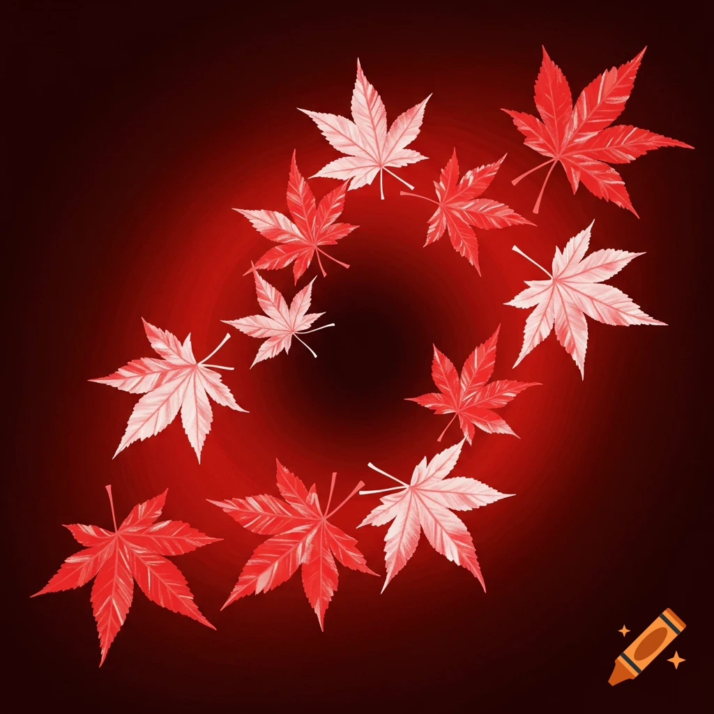 A circular pattern of red and white maple leaves on a dark red background.