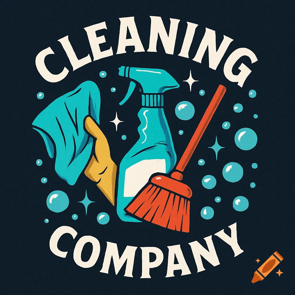 Retro illustration logo for a cleaning company with cleaning supplies and text.